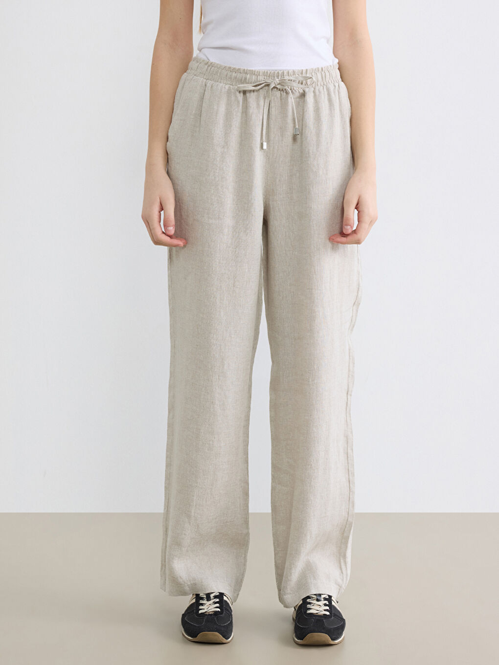 Bej Beli Lastikli Keten Kadın Pantolon-1