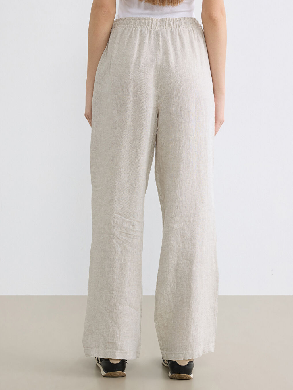 Bej Beli Lastikli Keten Kadın Pantolon-3