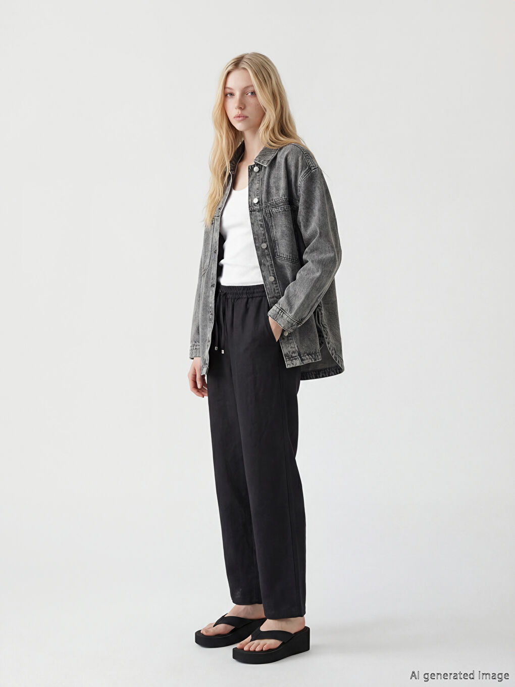 Siyah Beli Lastikli Keten Kadın Pantolon