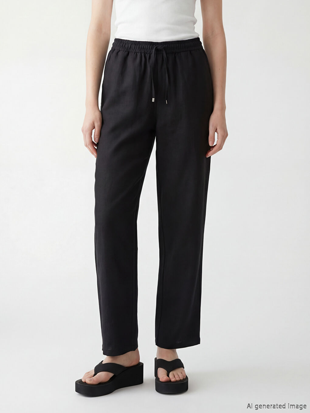 Siyah Beli Lastikli Keten Kadın Pantolon-1