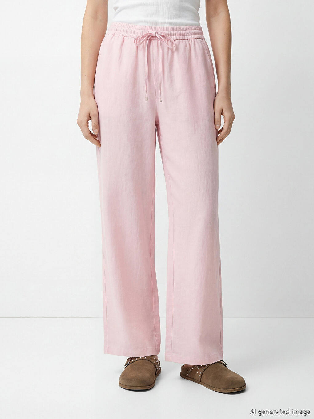 Pembe Beli Lastikli Keten Kadın Pantolon-1