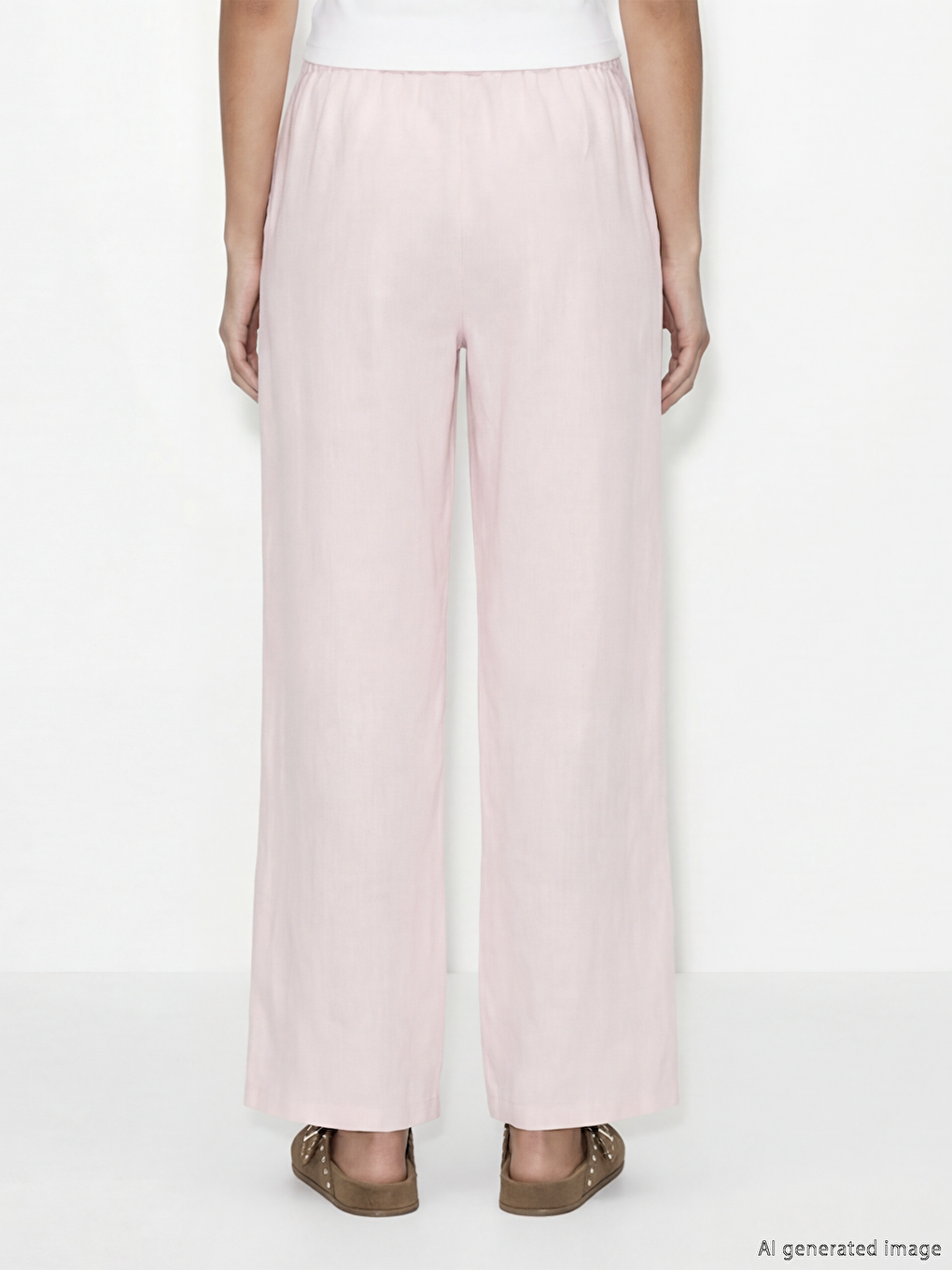 Pembe Beli Lastikli Keten Kadın Pantolon-3