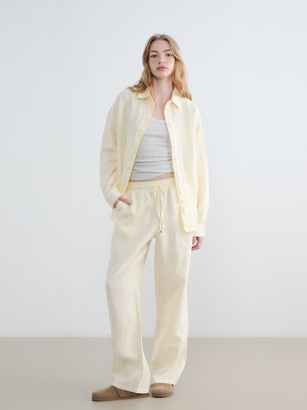 Sarı Beli Lastikli Kadın Keten Pantolon