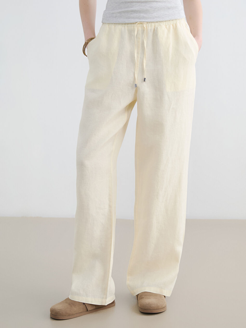 Sarı Beli Lastikli Kadın Keten Pantolon-1