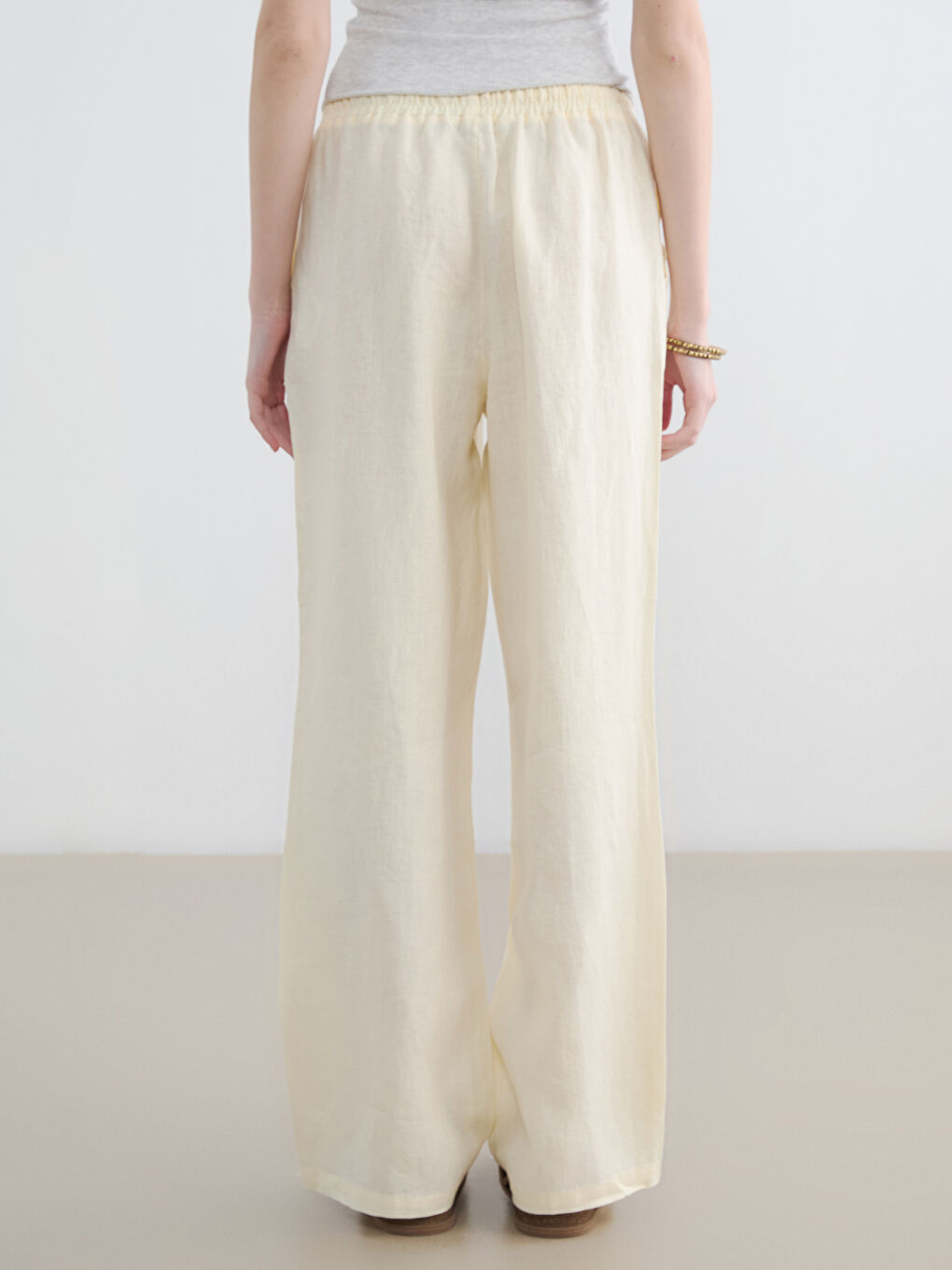 Sarı Beli Lastikli Kadın Keten Pantolon-3