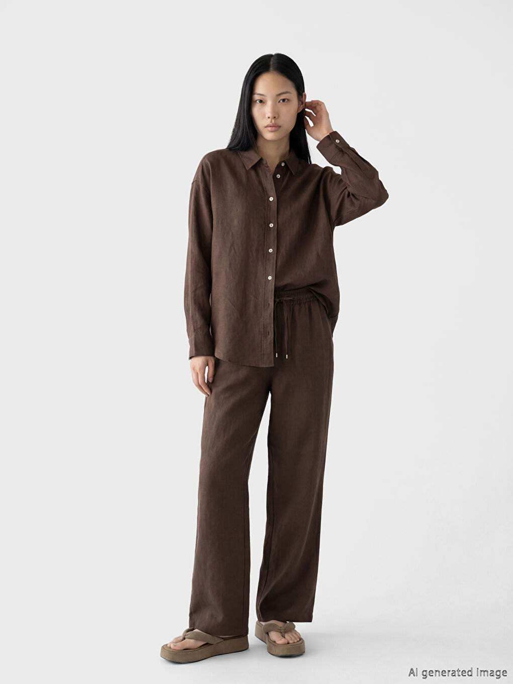 Kahverengi Beli Lastikli Kadın Keten Pantolon