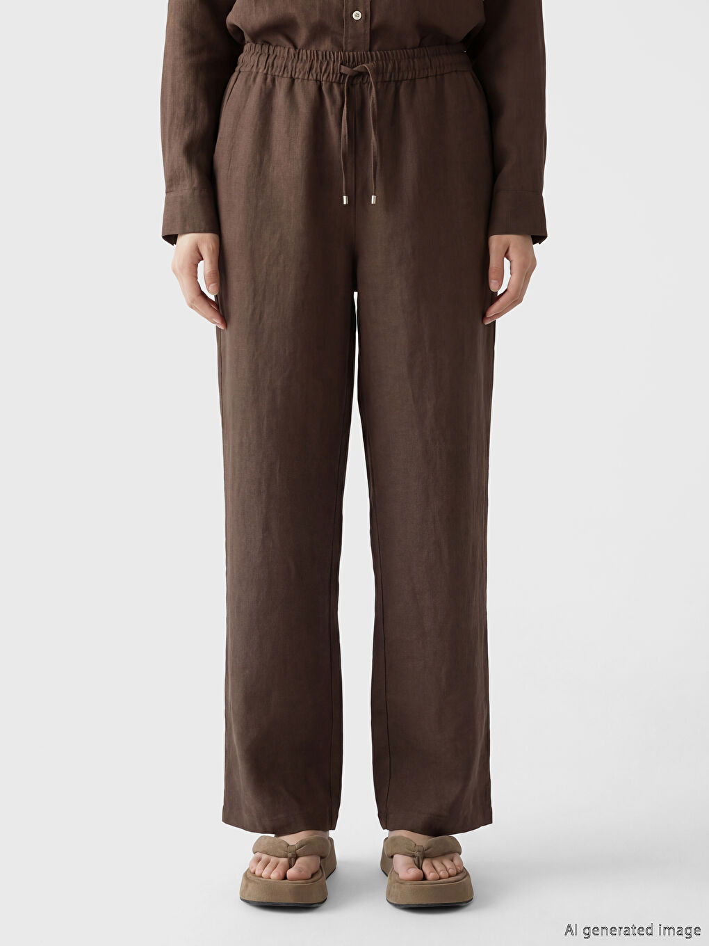 Kahverengi Beli Lastikli Kadın Keten Pantolon-1