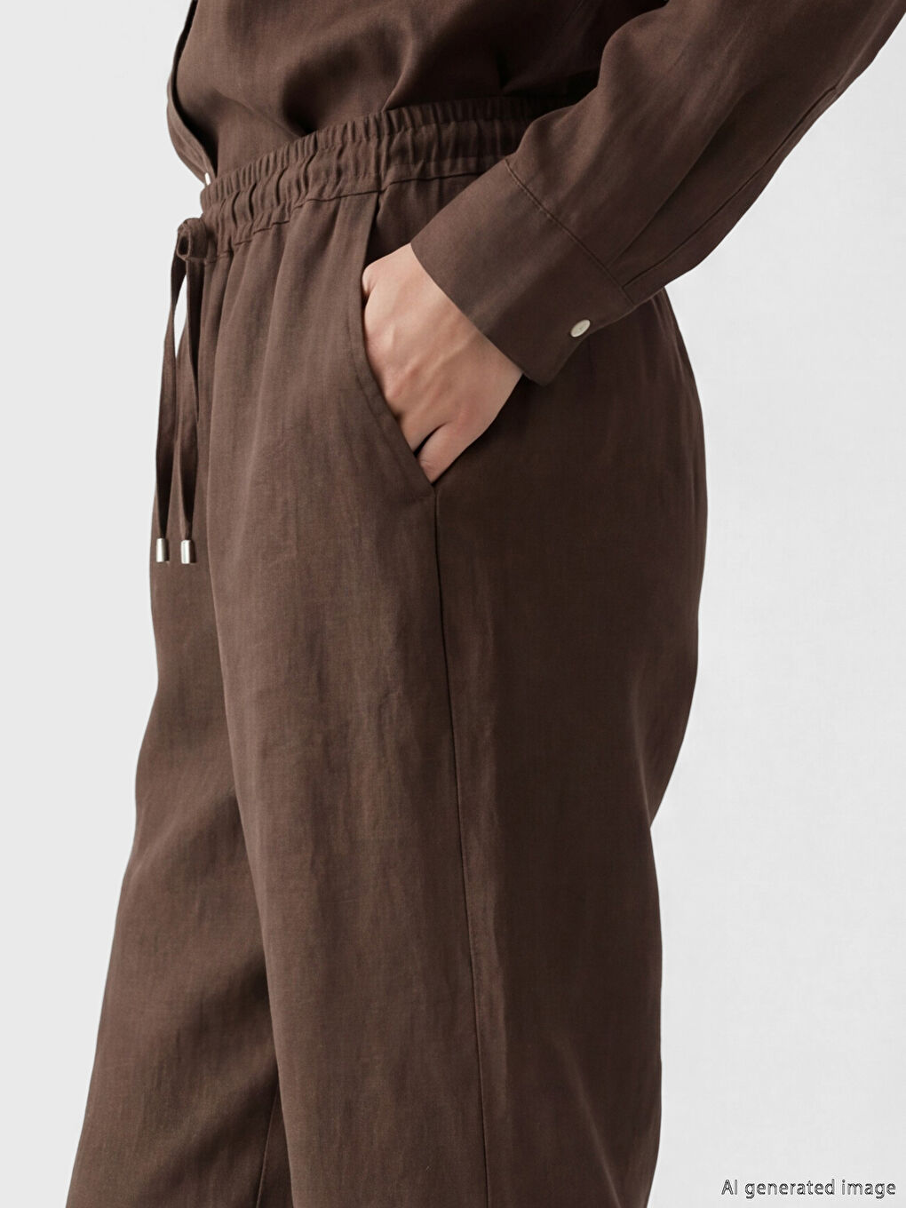 Kahverengi Beli Lastikli Kadın Keten Pantolon-2