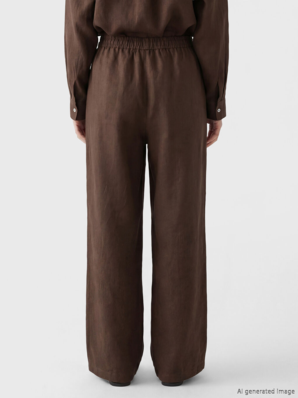 Kahverengi Beli Lastikli Kadın Keten Pantolon-3