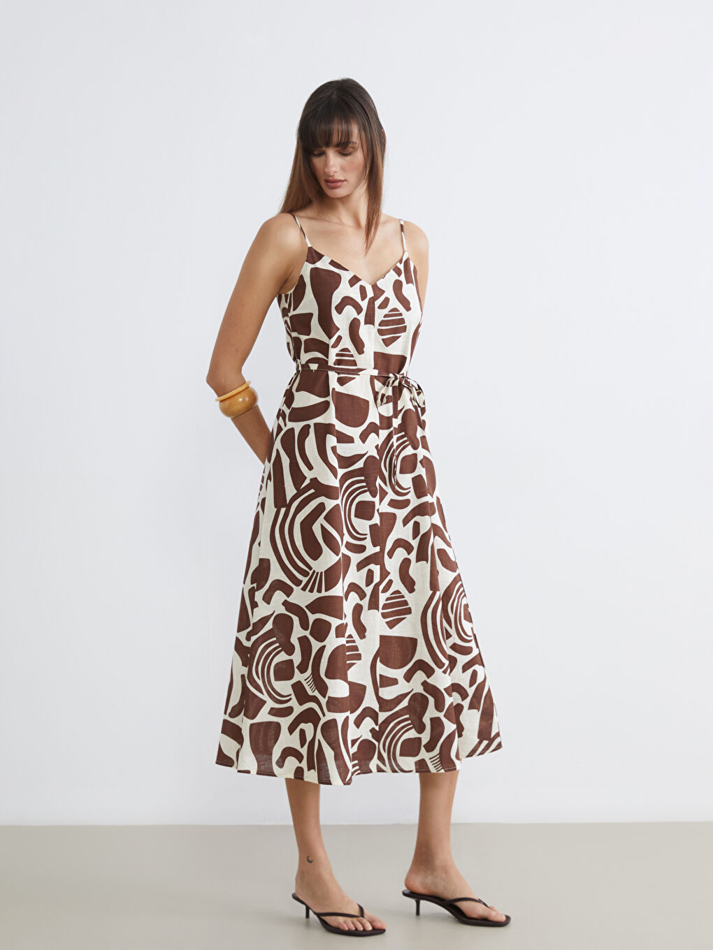 V Neck Patterned Strappy A-Line Dress