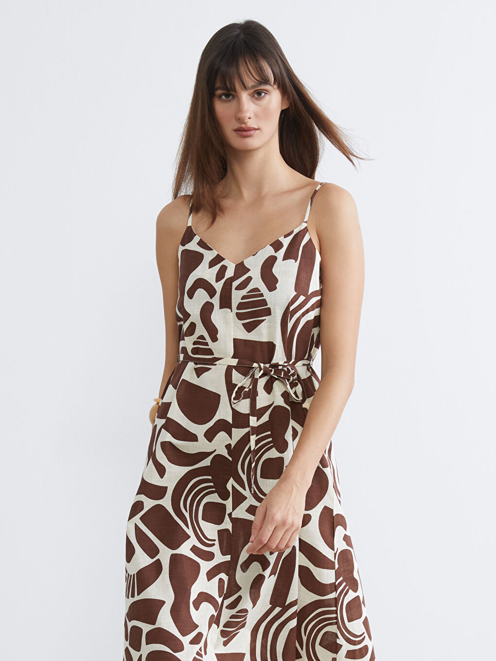 V Neck Patterned Strappy A-Line Dress-1