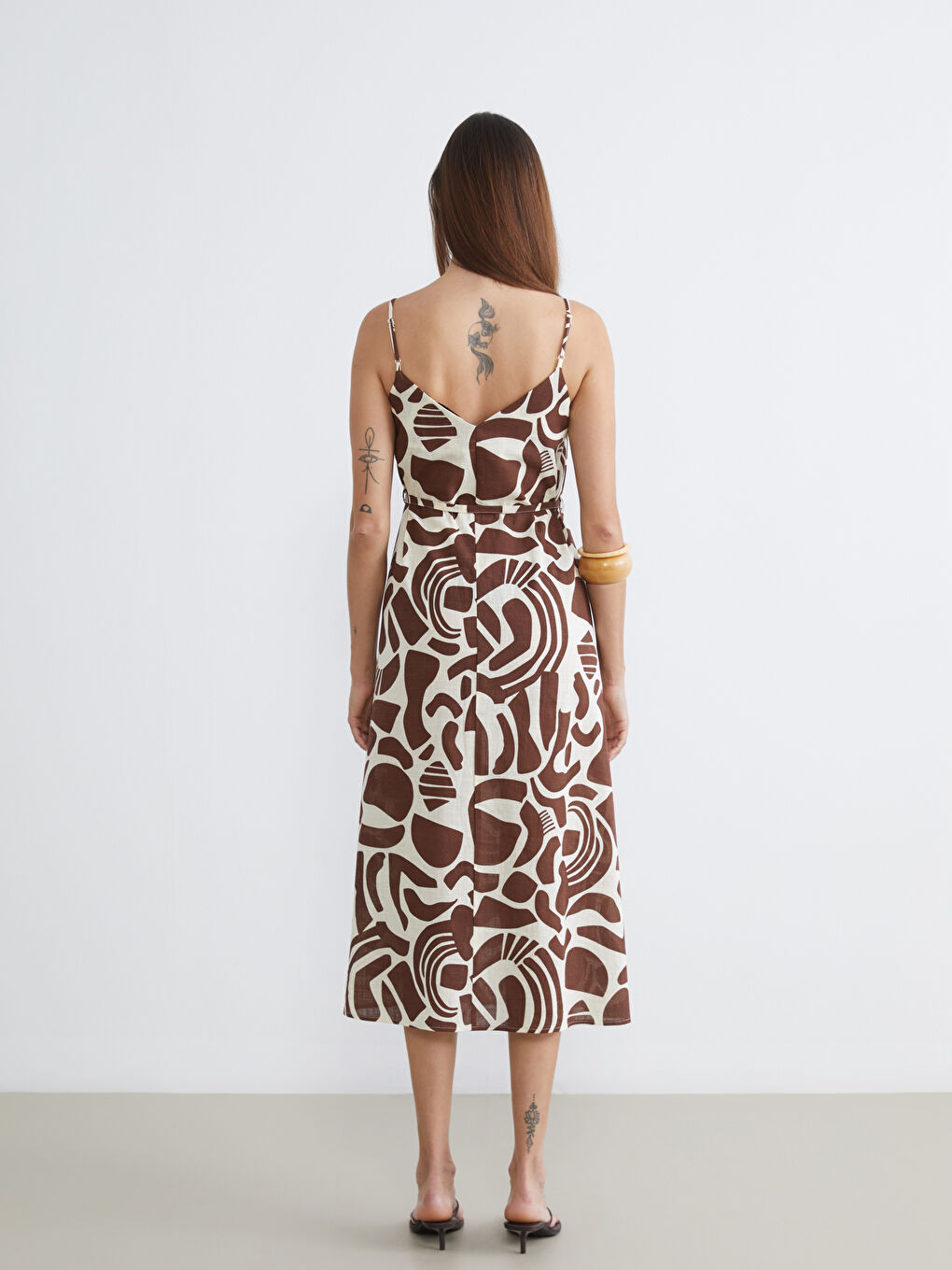 V Neck Patterned Strappy A-Line Dress-3