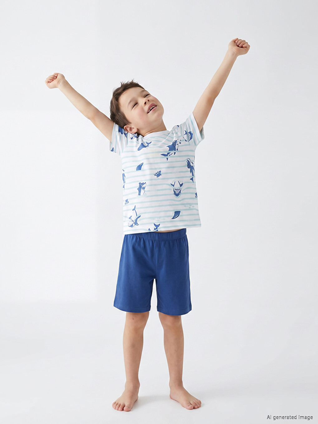 Beyaz Bisiklet Yaka Erkek Çocuk Şortlu Pijama Takımı-1