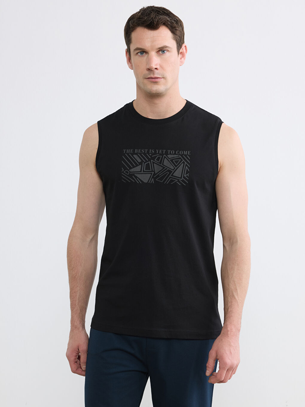 Siyah Bisiklet Yaka Baskılı Penye Erkek Kolsuz Tişört