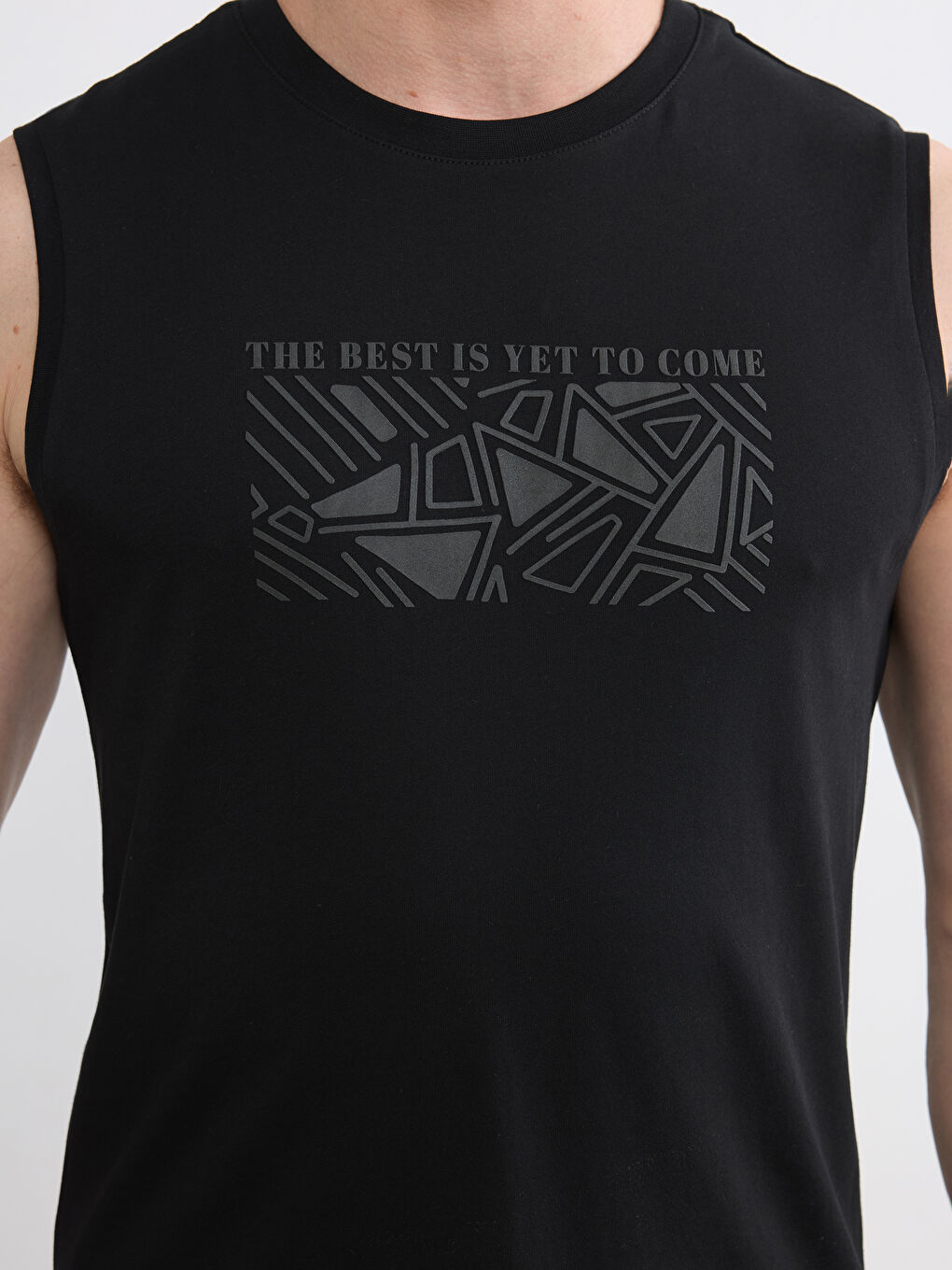 Siyah Bisiklet Yaka Baskılı Penye Erkek Kolsuz Tişört-2