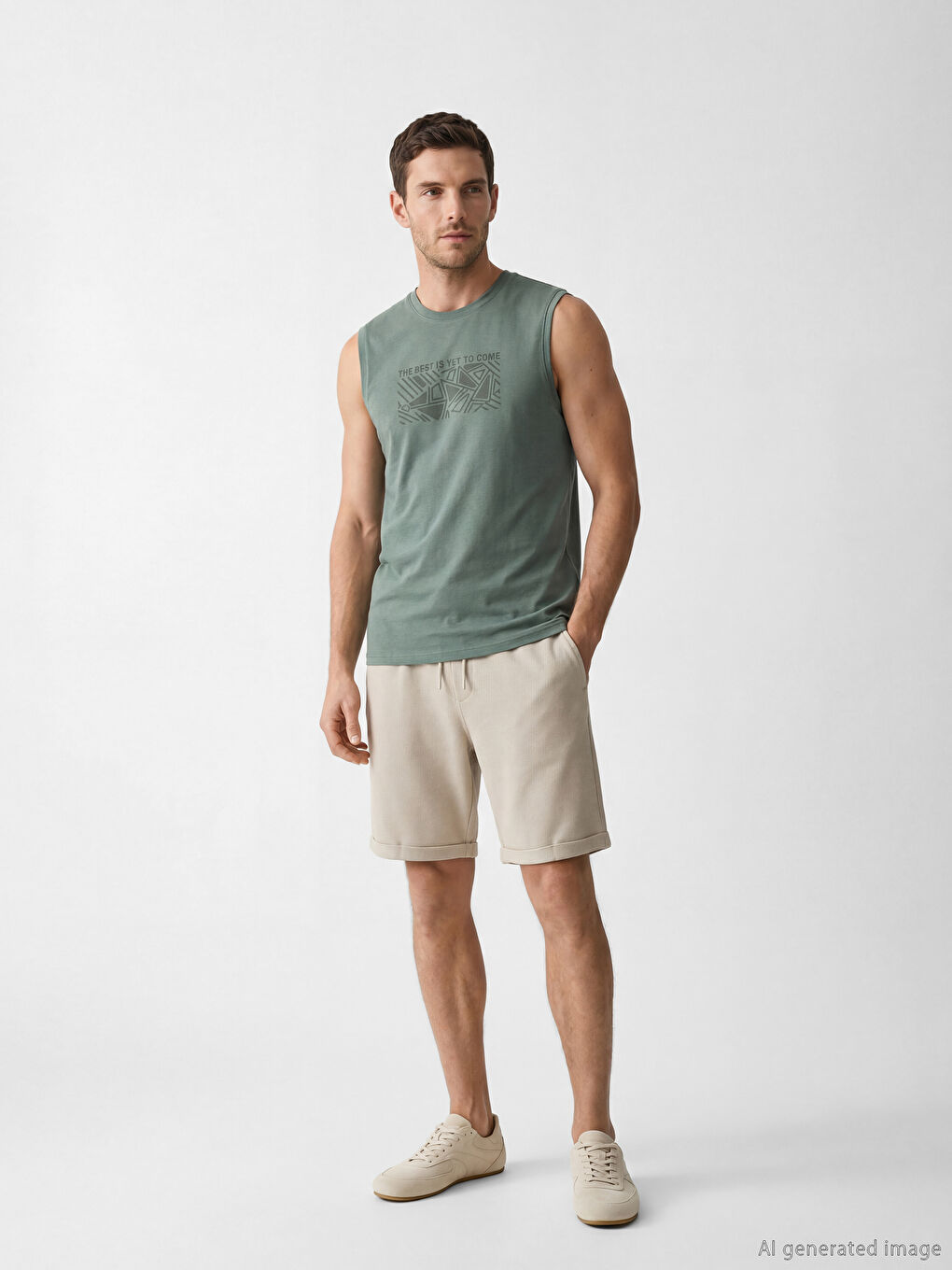 Haki Bisiklet Yaka Baskılı Penye Erkek Kolsuz Tişört-1