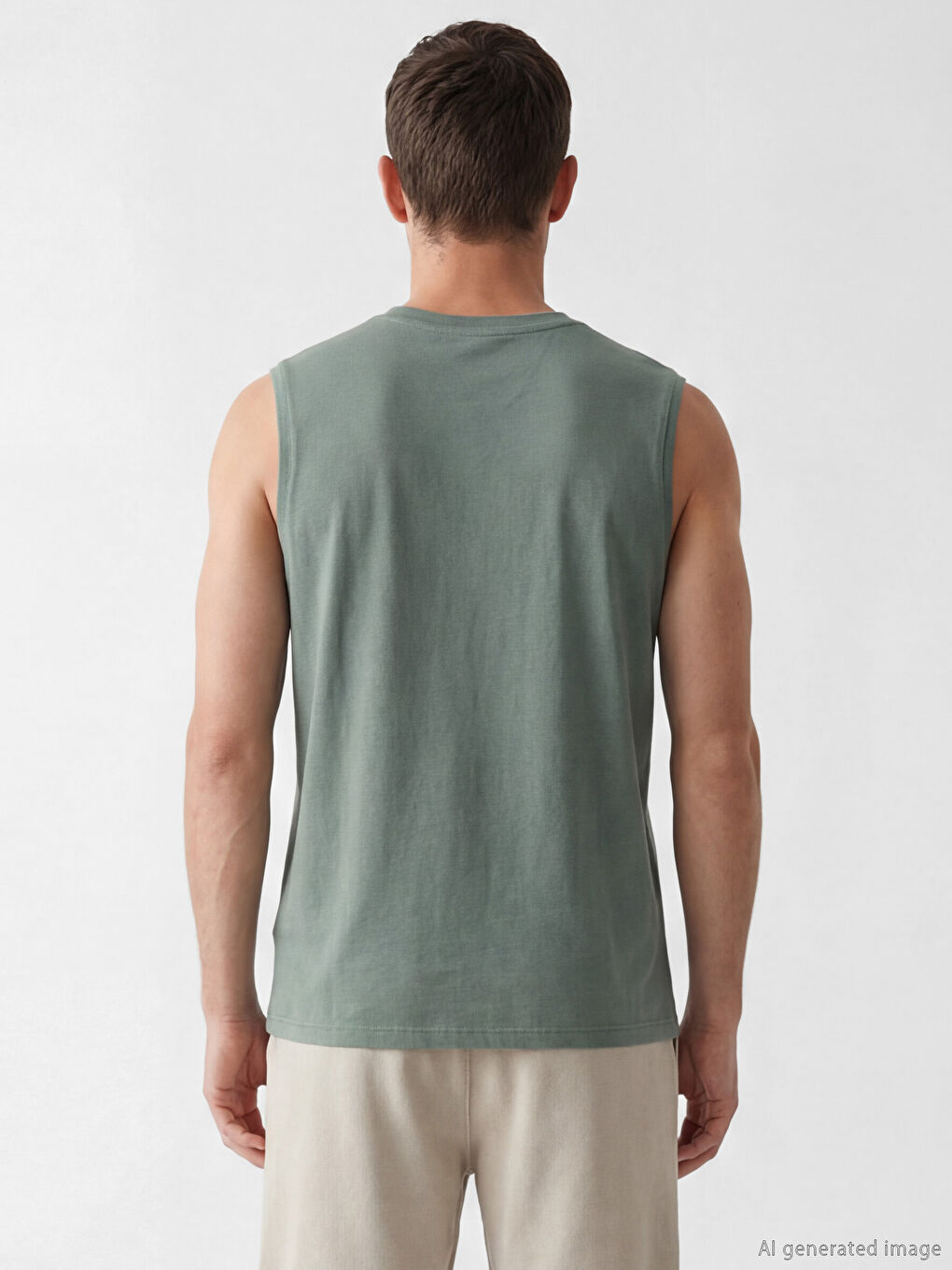 Haki Bisiklet Yaka Baskılı Penye Erkek Kolsuz Tişört-2