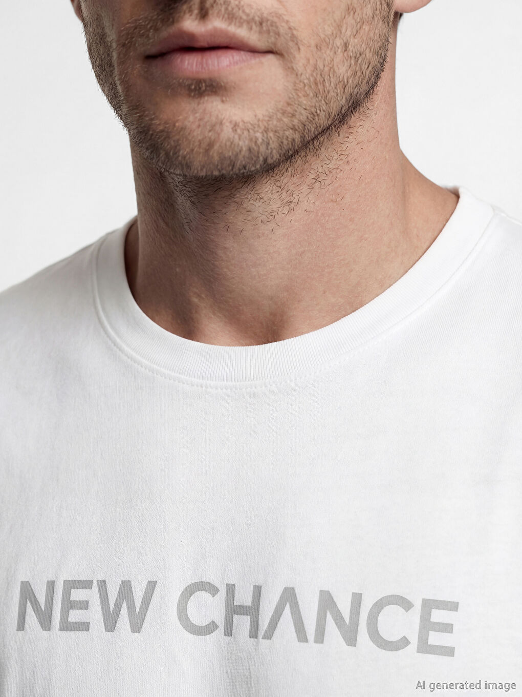 Beyaz Bisiklet Yaka Baskılı Erkek Penye Tişört-2