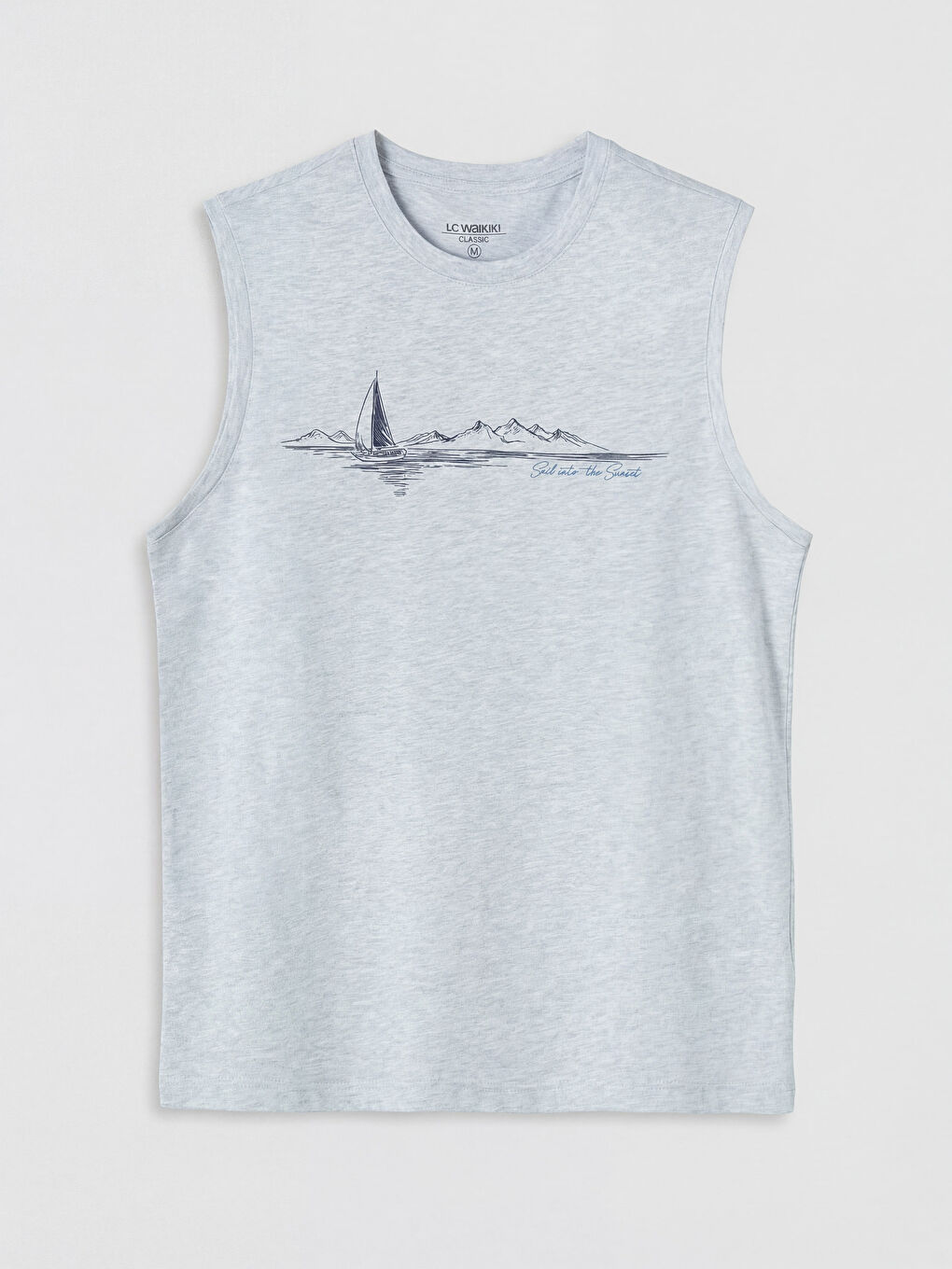 Bej Bisiklet Yaka Baskılı Erkek Kolsuz Tişört