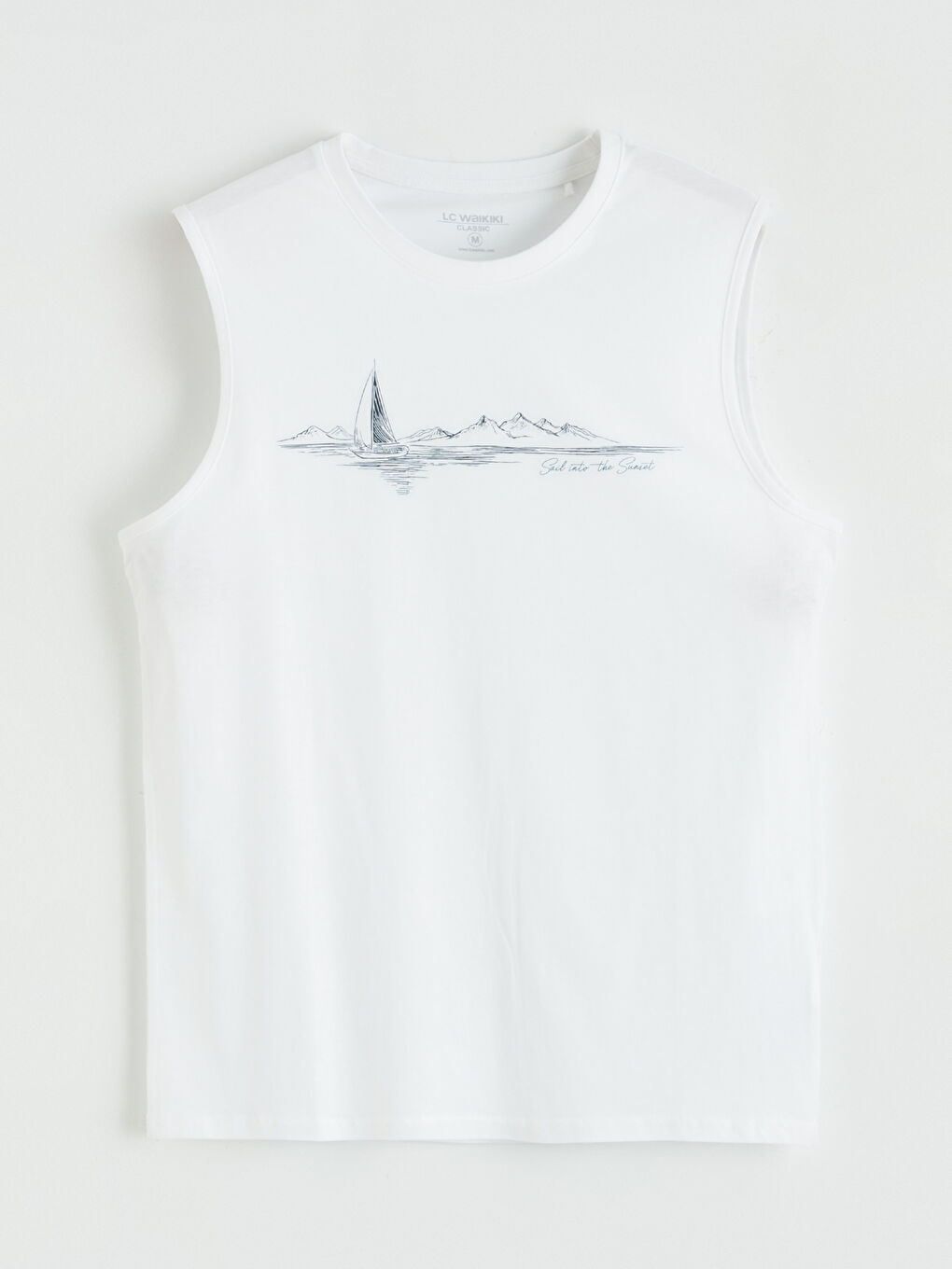 Beyaz Bisiklet Yaka Baskılı Erkek Kolsuz Tişört-4