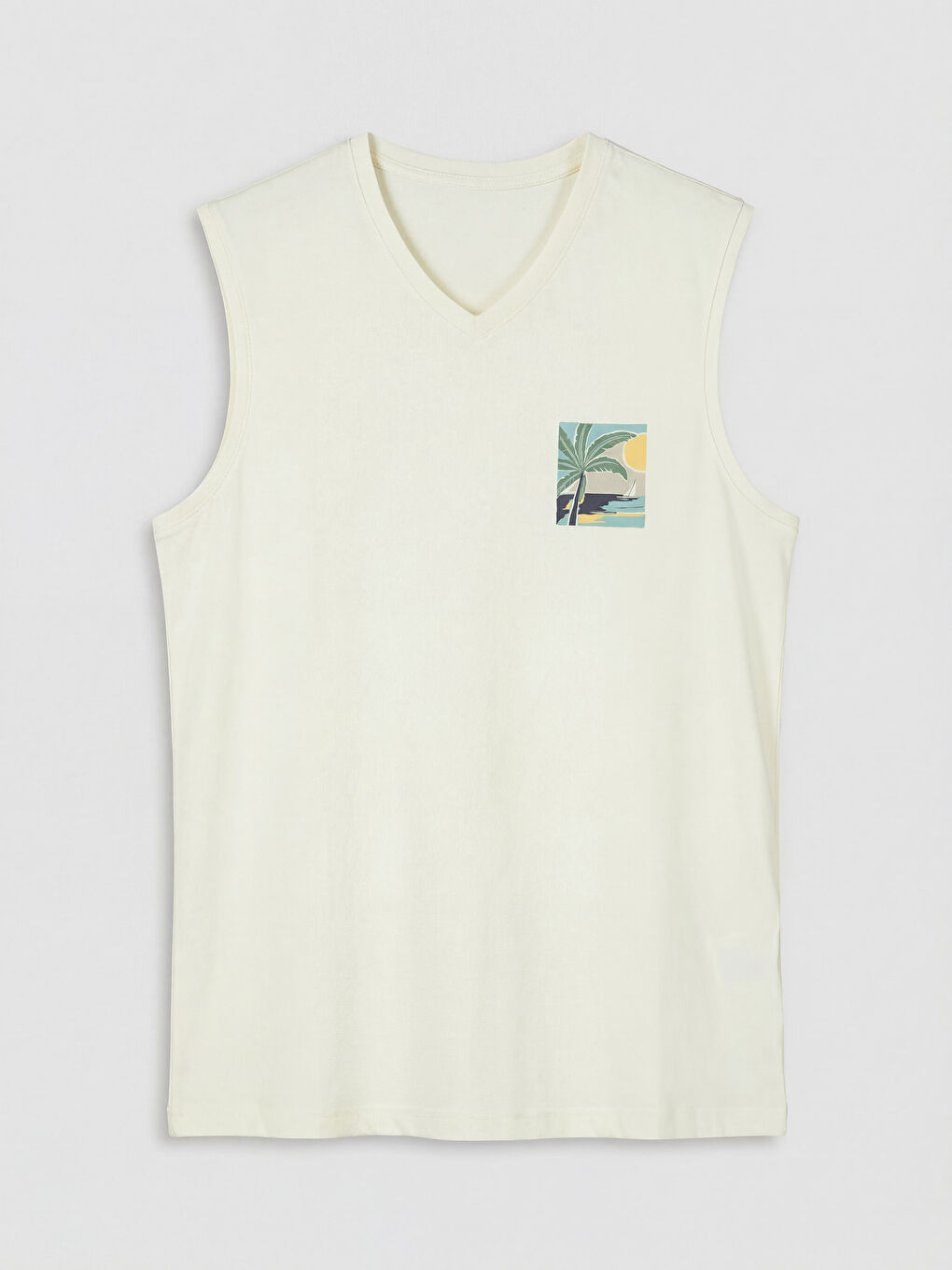 Ekru V Yaka Penye Erkek Kolsuz Tişört