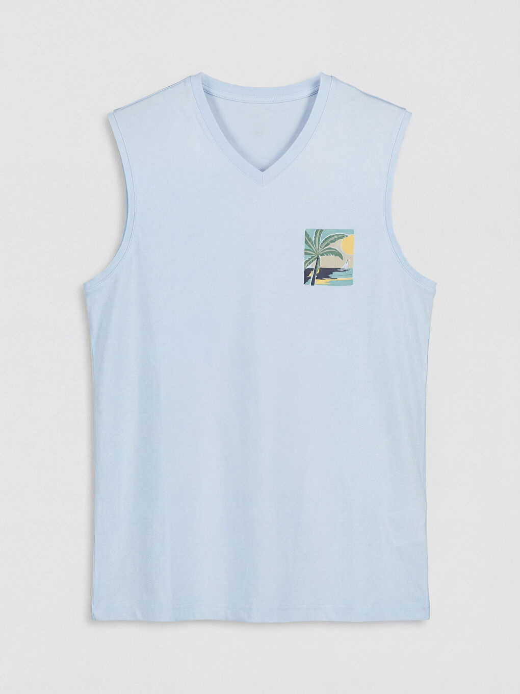 Mavi V Yaka Penye Erkek Kolsuz Tişört