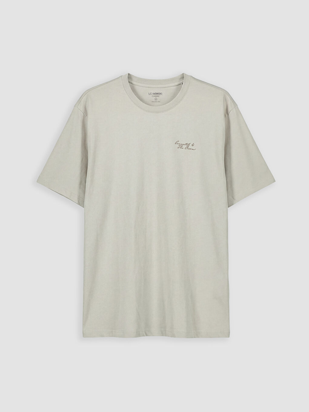 Bej Bisiklet Yaka Nakışlı Erkek Tişört