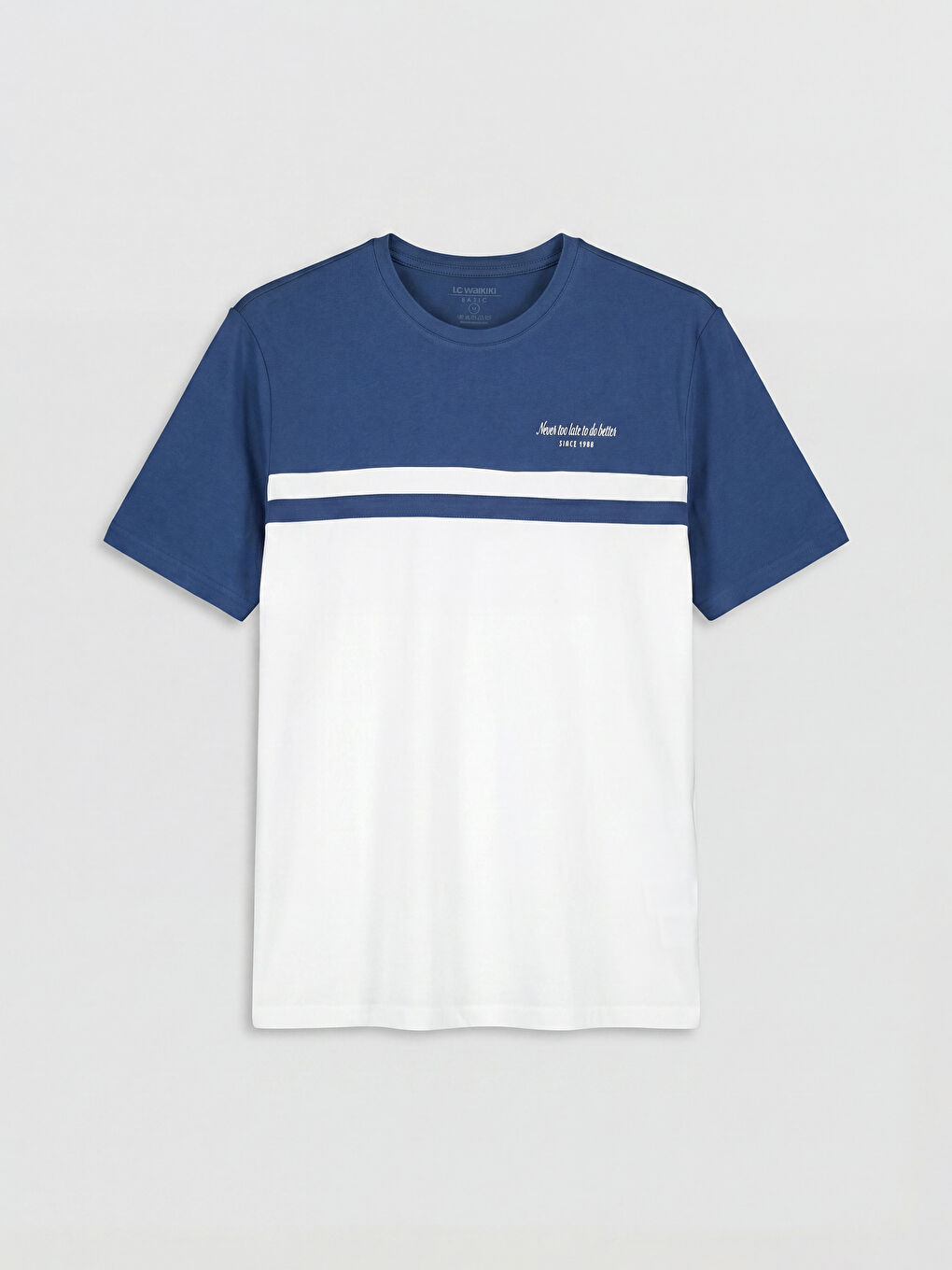 Mavi Bisiklet Yaka Renk Bloklu Penye Erkek Tişört-4