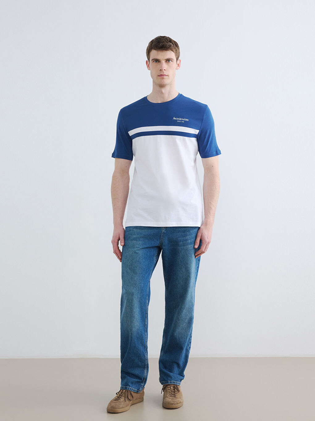 Mavi Bisiklet Yaka Renk Bloklu Penye Erkek Tişört-1