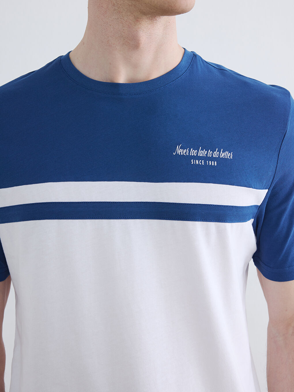 Mavi Bisiklet Yaka Renk Bloklu Penye Erkek Tişört-2