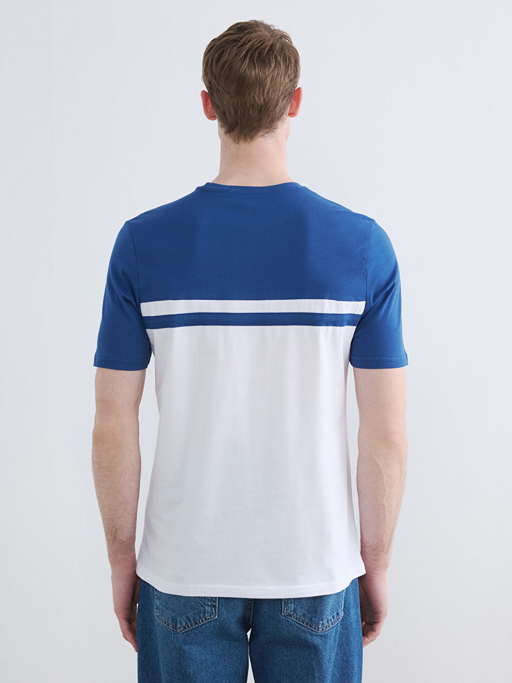 Mavi Bisiklet Yaka Renk Bloklu Penye Erkek Tişört-3