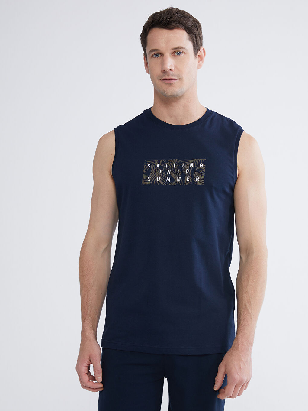 Lacivert Bisiklet Yaka Baskılı Penye Erkek Kolsuz Tişört