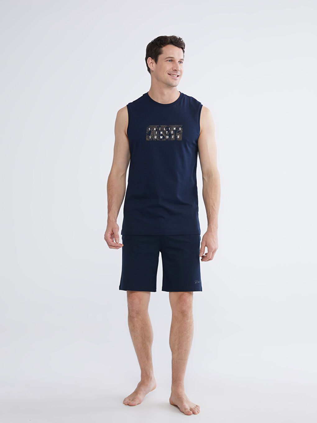 Lacivert Bisiklet Yaka Baskılı Penye Erkek Kolsuz Tişört-1