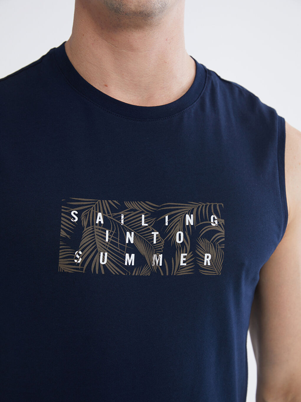 Lacivert Bisiklet Yaka Baskılı Penye Erkek Kolsuz Tişört-2