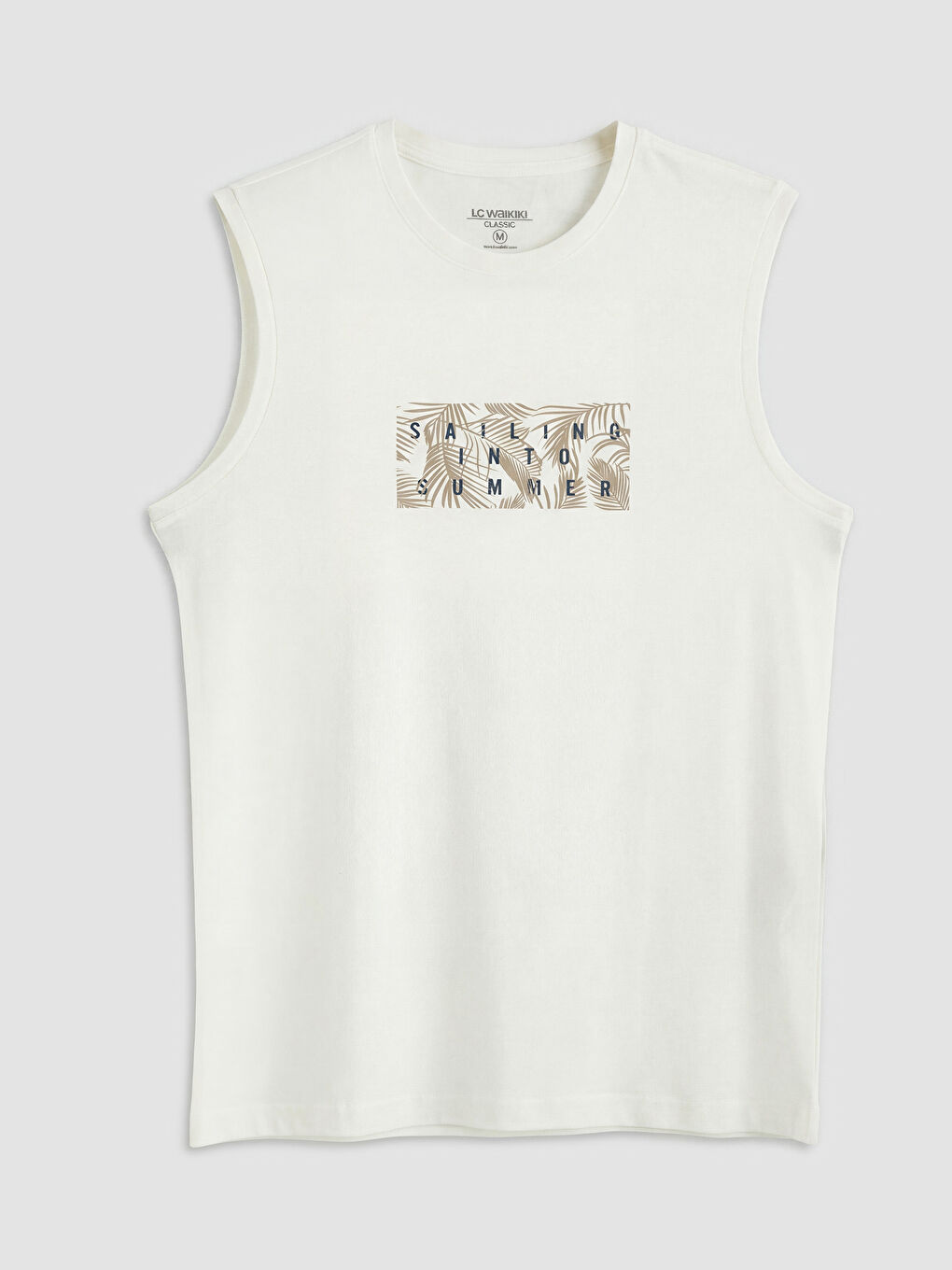 Ekru Bisiklet Yaka Baskılı Penye Erkek Kolsuz Tişört