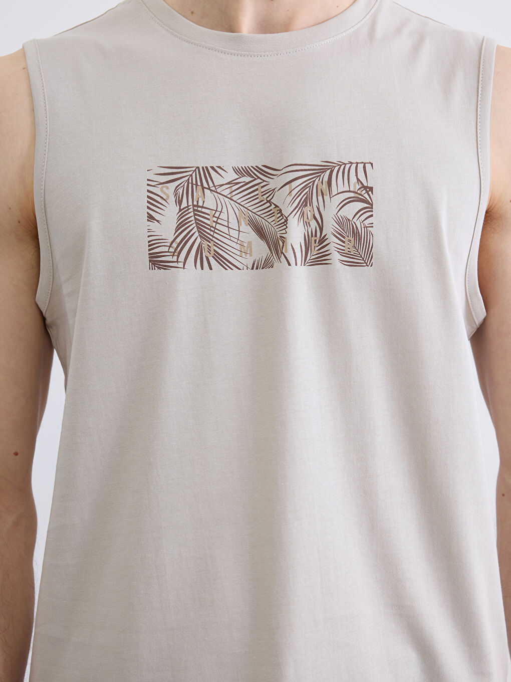 Bej Bisiklet Yaka Baskılı Penye Erkek Kolsuz Tişört-2