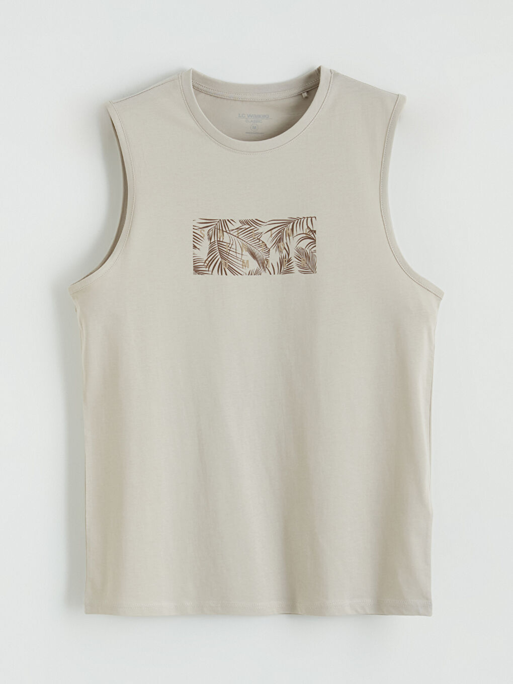 Bej Bisiklet Yaka Baskılı Penye Erkek Kolsuz Tişört-4