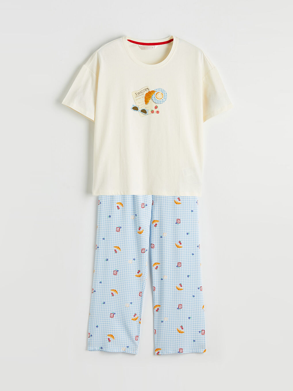 Ekru Bisiklet Yaka Desenli Kadın Pijama Takım-4