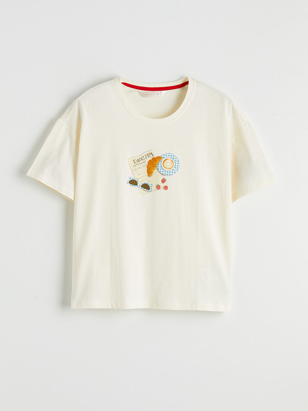 Ekru Bisiklet Yaka Desenli Kadın Pijama Takım-5