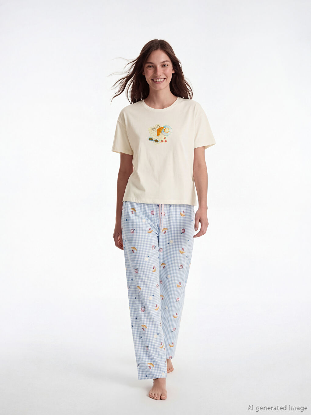 Ekru Bisiklet Yaka Desenli Kadın Pijama Takım