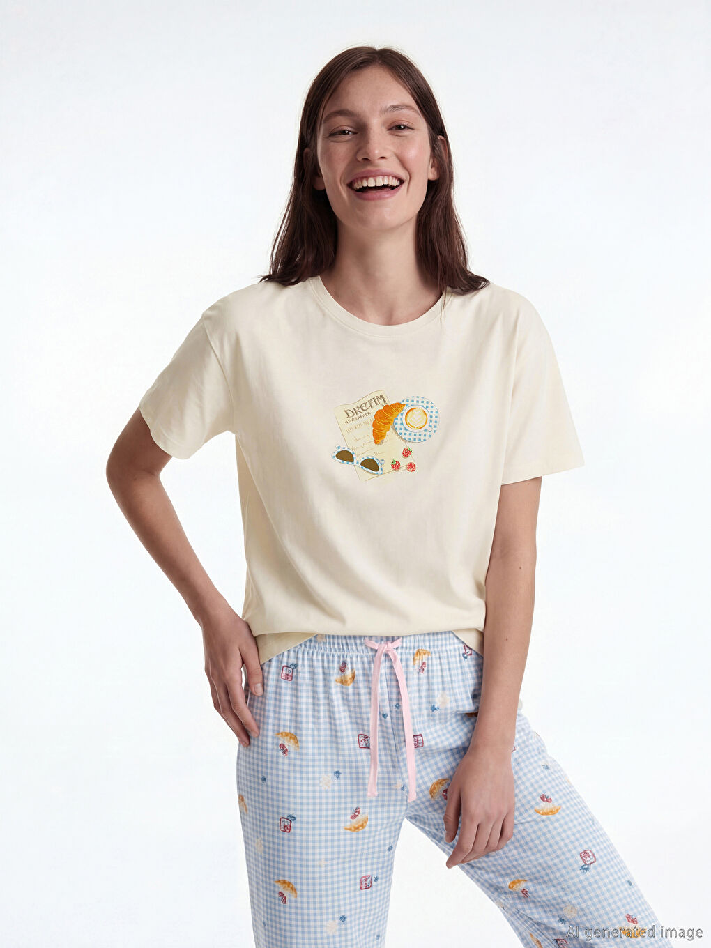 Ekru Bisiklet Yaka Desenli Kadın Pijama Takım-1