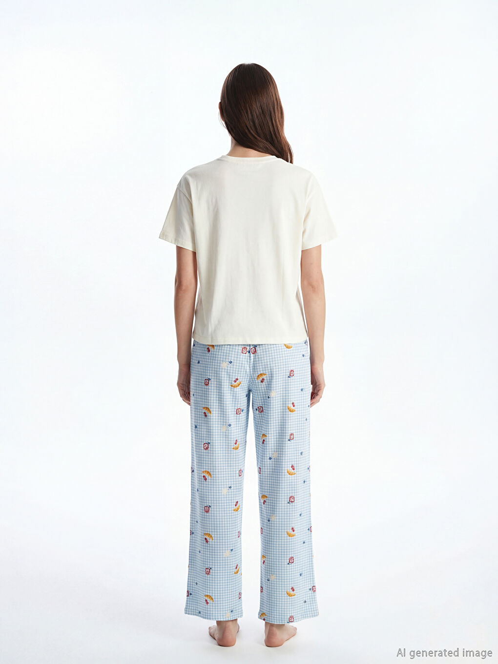 Ekru Bisiklet Yaka Desenli Kadın Pijama Takım-3