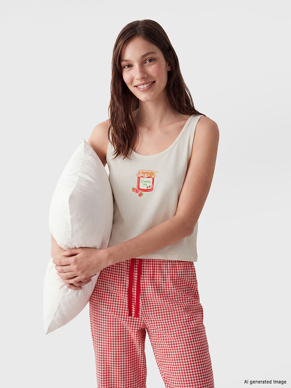 Ekru U Yaka Desenli Kadın Pijama Takım-1