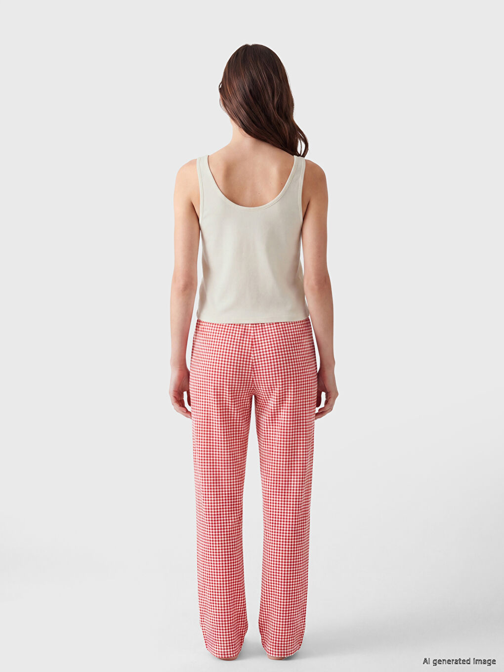 Ekru U Yaka Desenli Kadın Pijama Takım-3