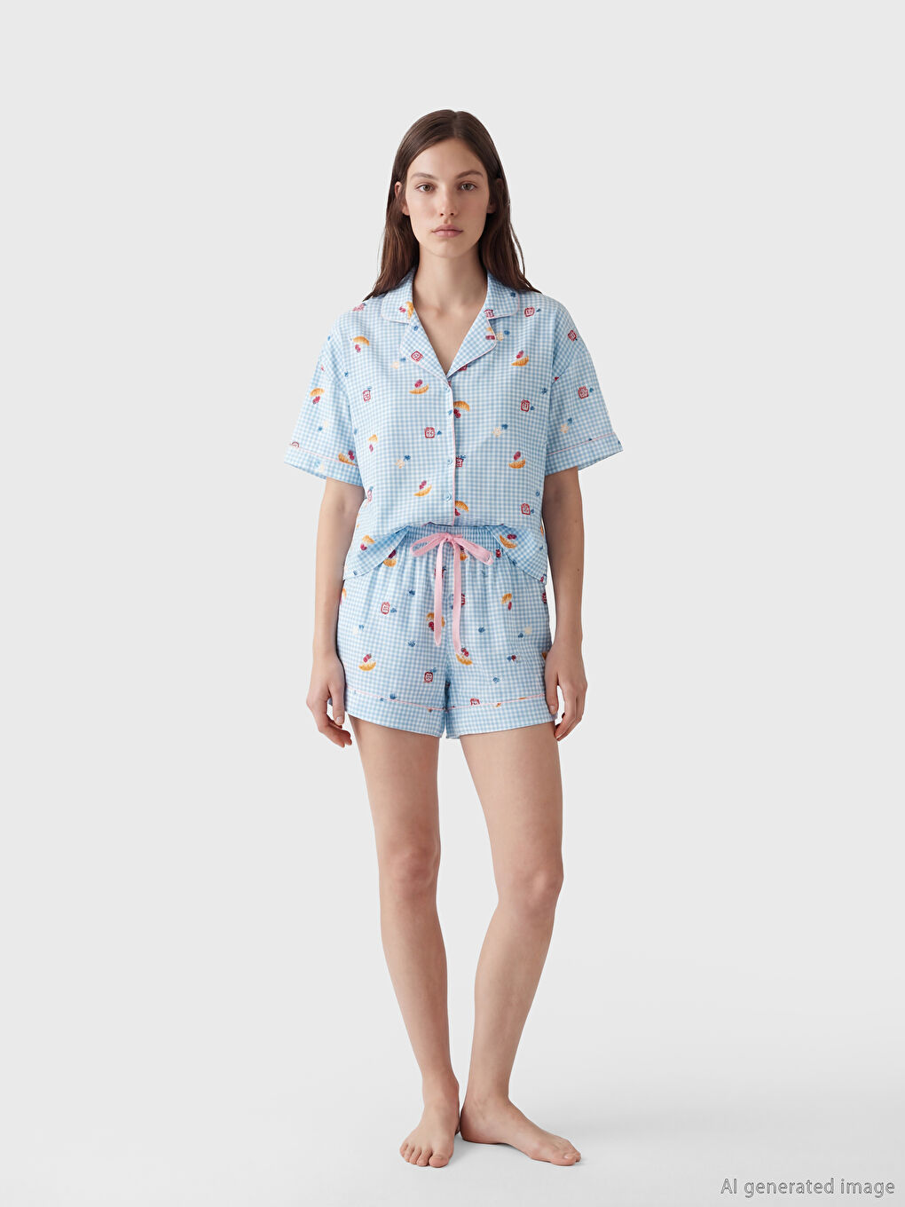 Ekru Desenli Kadın Şortlu Pijama Takımı-1