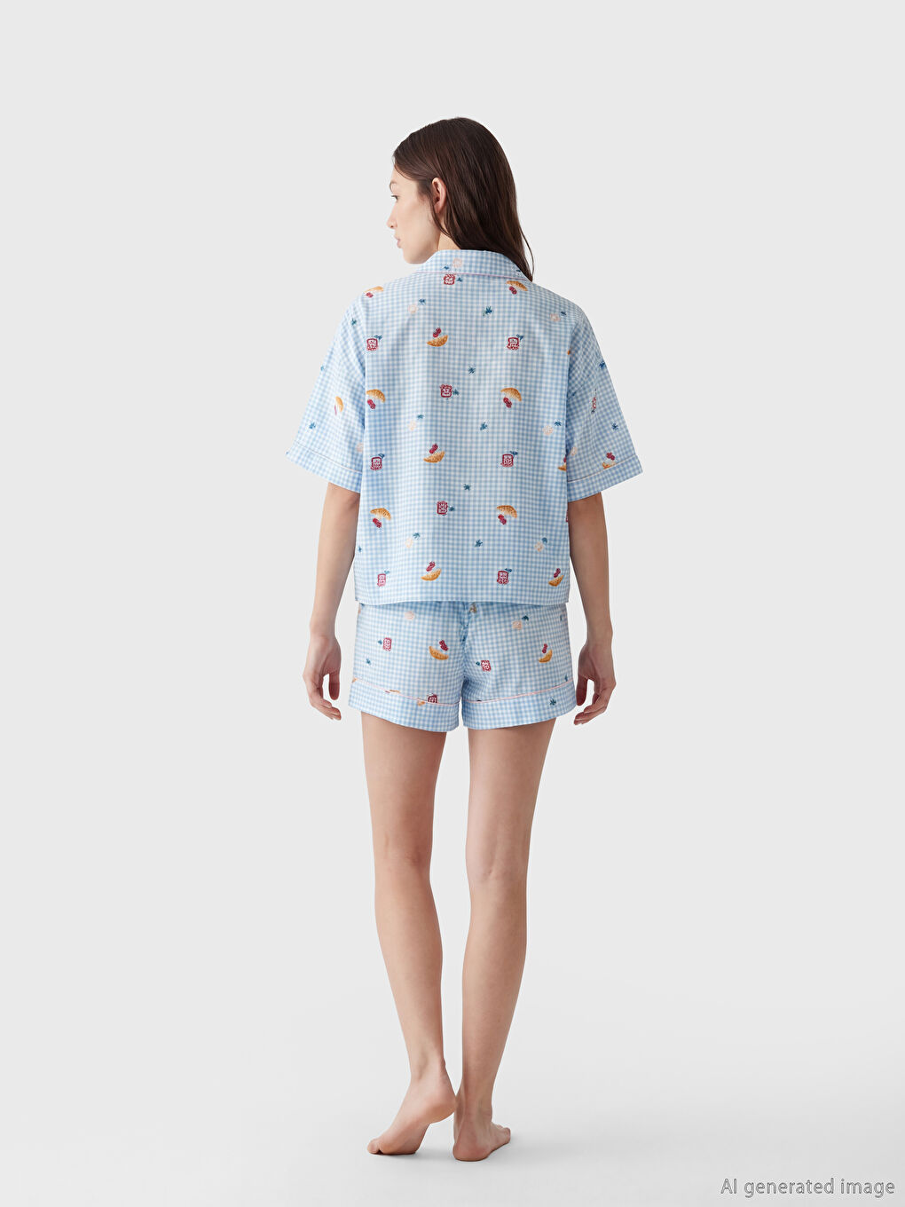 Ekru Desenli Kadın Şortlu Pijama Takımı-3