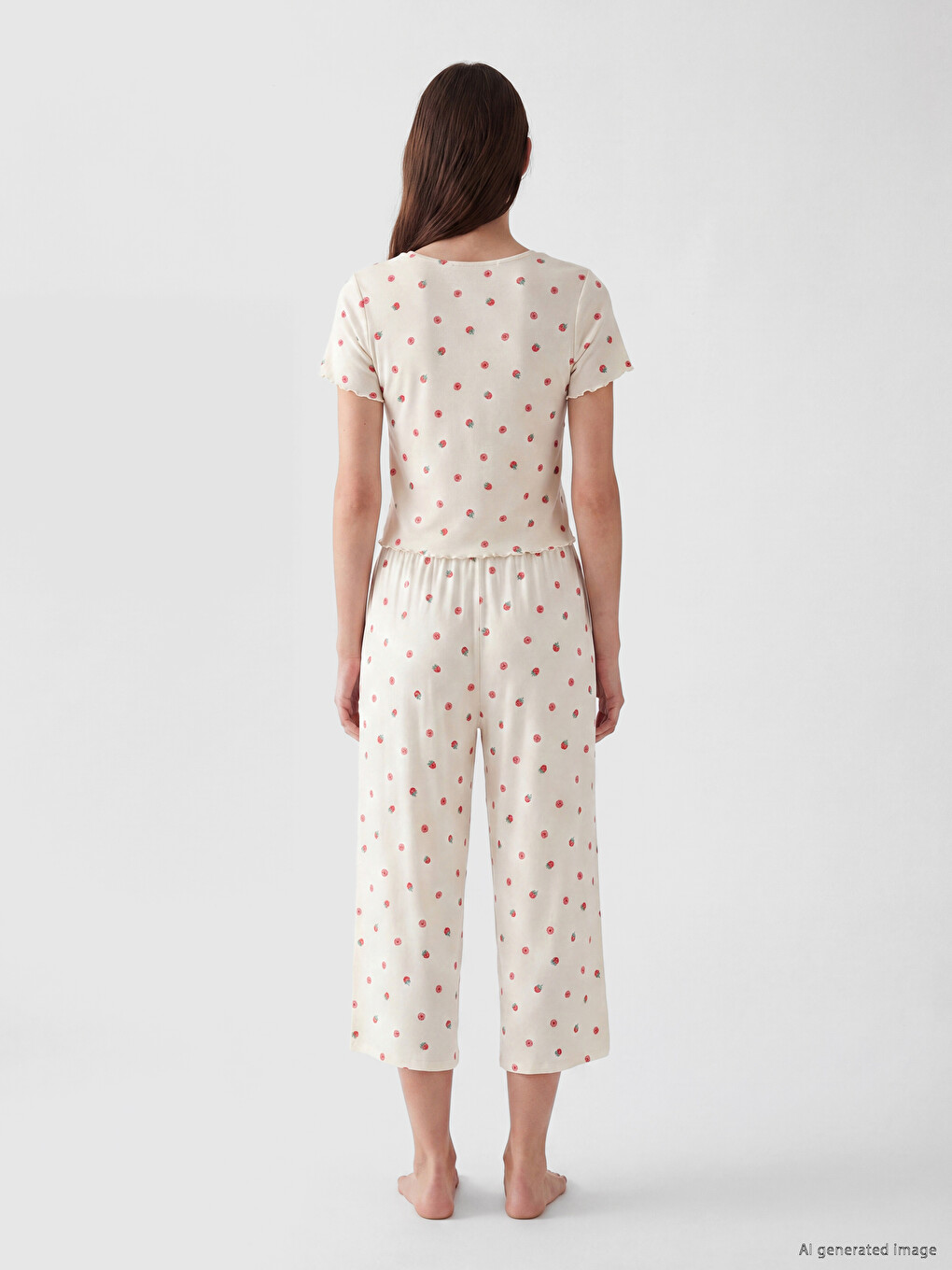 Ekru Desenli Kadın Kaprili Pijama Takımı-3