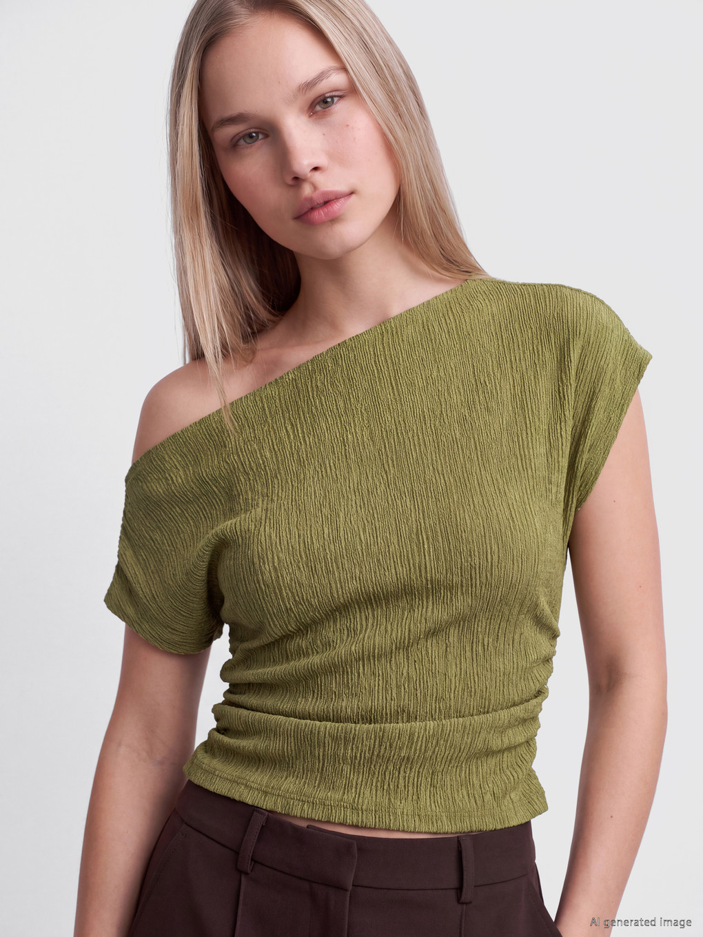 Slash Neck Textured Crop Ruched Blouse