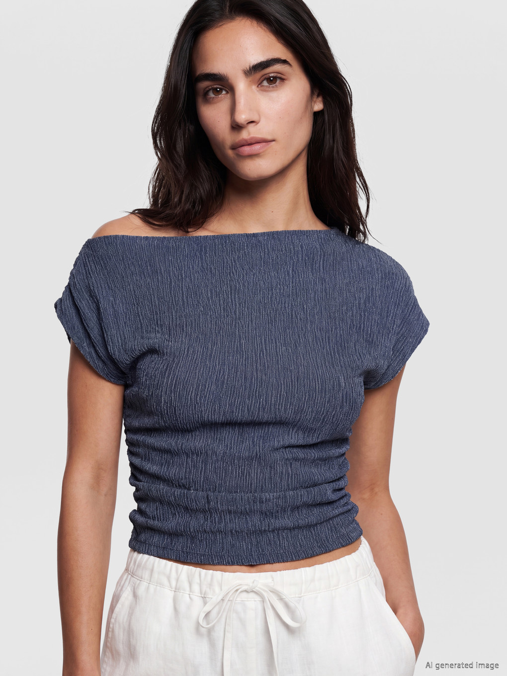 Slash Neck Textured Crop Ruched Blouse