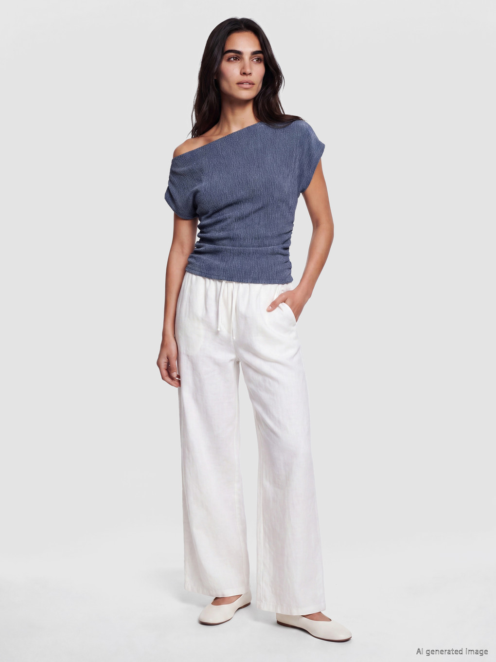 Slash Neck Textured Crop Ruched Blouse-1
